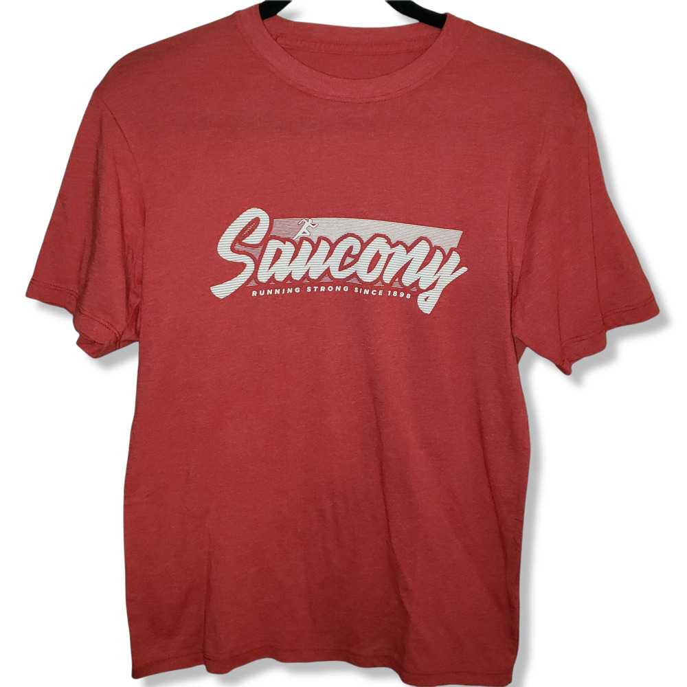 EUC Saucony Men's soft red Sz Small oversized T-shirt. Spell out